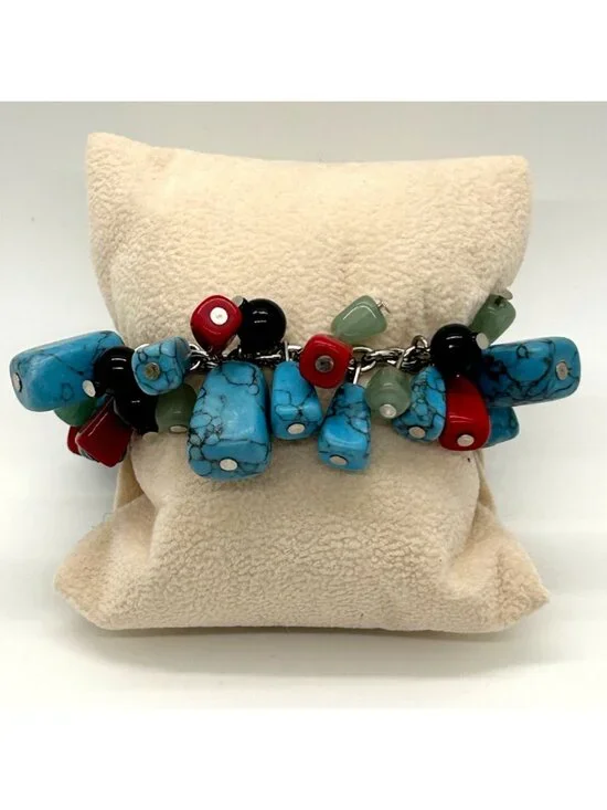 Disney Mickey Mouse Sterling Silver Tone Turquoise Coral & Black Stones Charm Br - Picture 2 of 10